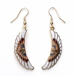 Vintage Cloisonne Enamel Feather Style Earrings White